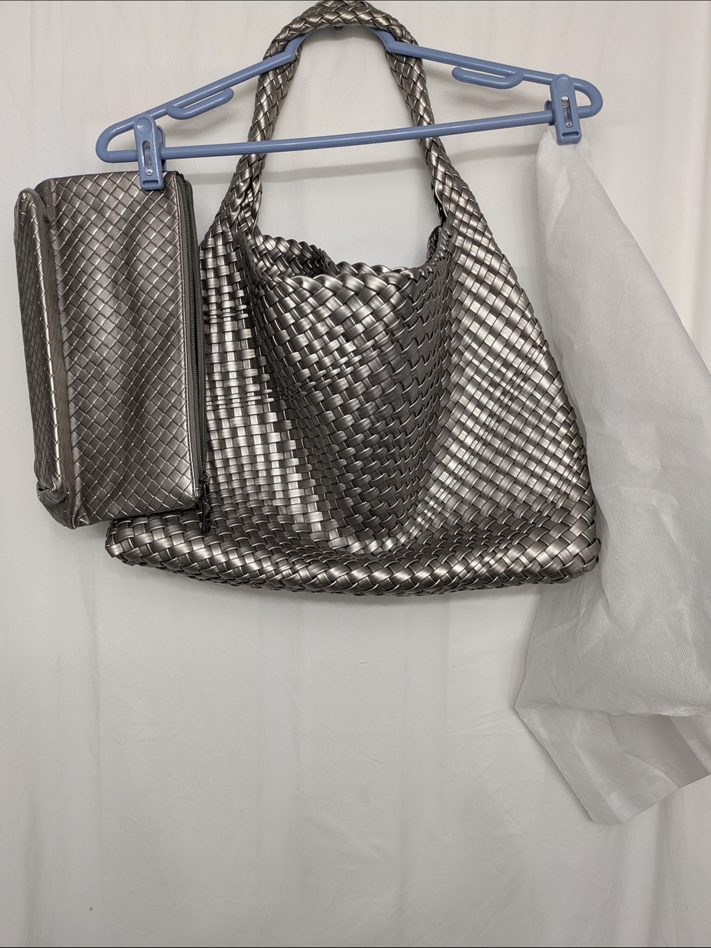 Woven Metallic Shoulder Bag in Silver with Matching Pouch